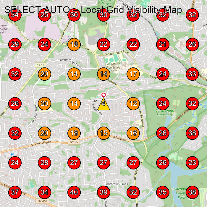 SELECT AUTO GeoGrid visibility map for Used Car Dealer in Commack